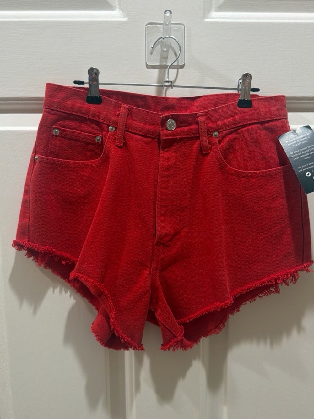 Jordache Bright Red High-Rise Frayed Hem Denim Shorts